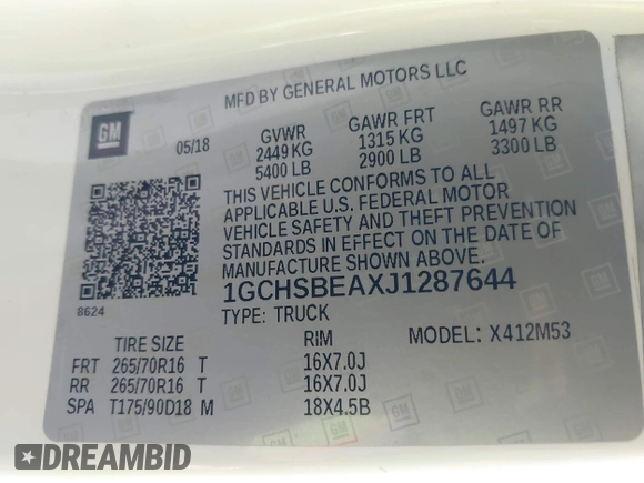 2018 Chevrolet Colorado 2WD Work Truck with VIN 1GCHSBEAXJ1287644, listed as a IAAI auction lot 42734585 with 110,496 mi miles and . Bid and sale history available at DreamBid. Image 9.