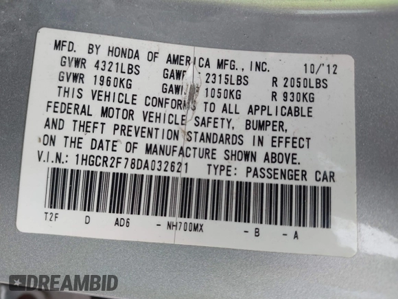 2013 Honda Accord EX с VIN 1HGCR2F78DA032621, выставлен на аукционе IAAI как лот 42372786 с пробегом 260 396 миль миль и . История ставок и продаж доступна на DreamBid. Изображение 9.