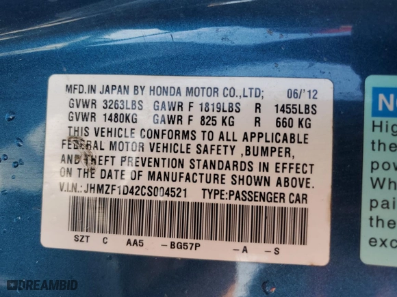 2012 Honda CR-Z with VIN JHMZF1D42CS004521, listed as a Copart auction lot 75763174 with 219,199 mi miles and Clean Title. Bid and sale history available at carsss.com. Image 13.