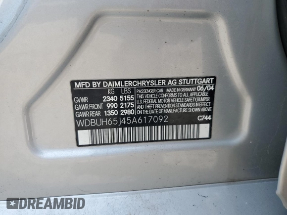 2005 Mercedes-Benz E 320 with VIN WDBUH65J45A617092, listed as a Copart auction lot 53119045 with 189,254 mi miles and Salvage Title. Bid and sale history available at DreamBid. Image 13.