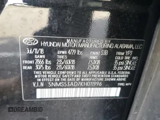 2019 Hyundai Santa Fe Limited with VIN 5NMS53AD7KH011996, listed as a Copart auction lot 85610324 with 66,729 mi miles and Salvage Title. Bid and sale history available at carsss.com. Image 13.