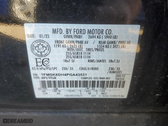 2023 Ford Explorer XLT with VIN 1FMSK8DH4PGA43531, listed as a Copart auction lot 73761194 with 51,834 mi miles and Salvage Title. Bid and sale history available at carsss.com. Image 13.