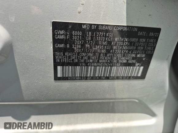 2022 Subaru Ascent Limited with VIN 4S4WMAMD0N3465588, listed as a IAAI auction lot 42859944 with 103,847 mi miles and . Bid and sale history available at DreamBid. Image 8.