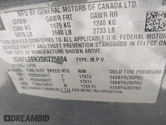 2013 Chevrolet Equinox LT z VIN 2GNFLEEK2D6275804, wystawiony jako IAAI lot #41580370 z przebiegiem 120 958 mil mil oraz . Historia ofert i sprzedaży dostępna na DreamBid. Obrazek 9.