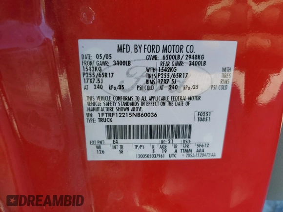 2005 Ford F-150 XL with VIN 1FTRF12215NB60036, listed as a Copart auction lot 47165815 with 230,981 mi miles and Salvage Title. Bid and sale history available at carsss.com. Image 12.