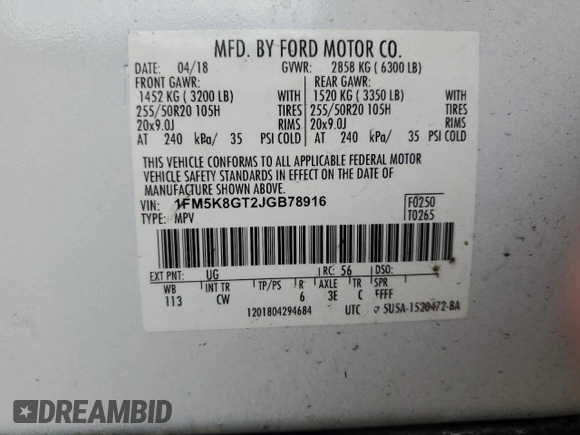 2018 Ford Explorer Sport with VIN 1FM5K8GT2JGB78916, listed as a Copart auction lot 59414335 with 121,842 mi miles and Salvage title. Bid and sale history available at DreamBid. Image 13.