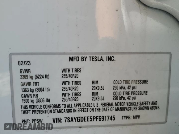 2023 Tesla Model Y Long Range with VIN 7SAYGDEE5PF691745, listed as a Copart auction lot 47784545 with 21,117 mi miles and Salvage Title. Bid and sale history available at DreamBid. Image 13.