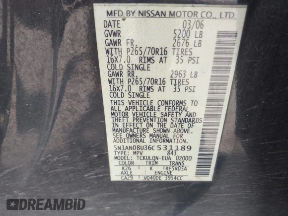 2006 Nissan Xterra SE with VIN 5N1AN08U36C531189, listed as a IAAI auction lot 42045990 with 161,470 mi miles and . Bid and sale history available at carsss.com. Image 9.