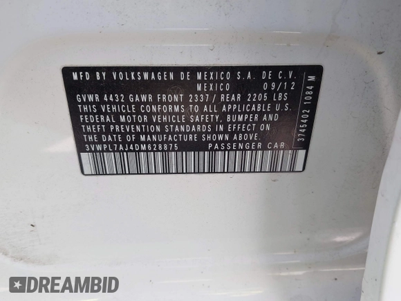 2013 Volkswagen Jetta TDI w/Sunroof & Nav with VIN 3VWPL7AJ4DM628875, listed as a IAAI auction lot 42513999 with 130,766 mi miles and . Bid and sale history available at DreamBid. Image 9.