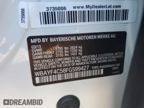 2015 BMW 7 Series 740Li xDrive with VIN WBAYF4C58FGS99427, listed as a Copart auction lot 84991474 with 83,008 mi miles and Salvage Title. Bid and sale history available at carsss.com. Image 12.