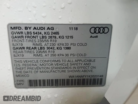 2019 Audi Q5 Premium with VIN WA1ANAFY1K2023149, listed as a Copart auction lot 44826405 with 70,060 mi miles and Clean title. Bid and sale history available at DreamBid. Image 13.