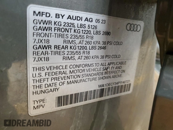 2023 Audi Q3 S line Premium with VIN WA1DECF34P1140721, listed as a Copart auction lot 45188325 with 40,458 mi miles and Salvage title. Bid and sale history available at DreamBid. Image 14.