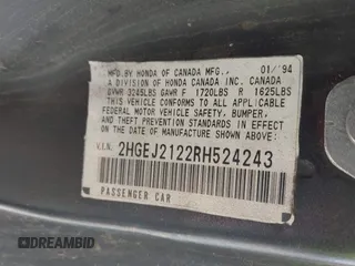 1994 Honda Civic DX z VIN 2HGEJ2122RH524243, wystawiony jako IAAI lot #42483854 z przebiegiem Nie podano mil oraz . Historia ofert i sprzedaży dostępna na DreamBid. Obrazek 9.