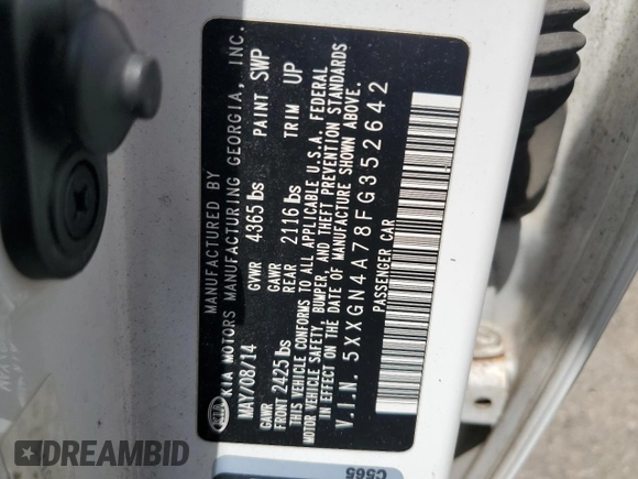 2015 Kia Optima EX with VIN 5XXGN4A78FG352642, listed as a Copart auction lot 62092135 with 171,831 mi miles and Salvage title. Bid and sale history available at DreamBid. Image 12.