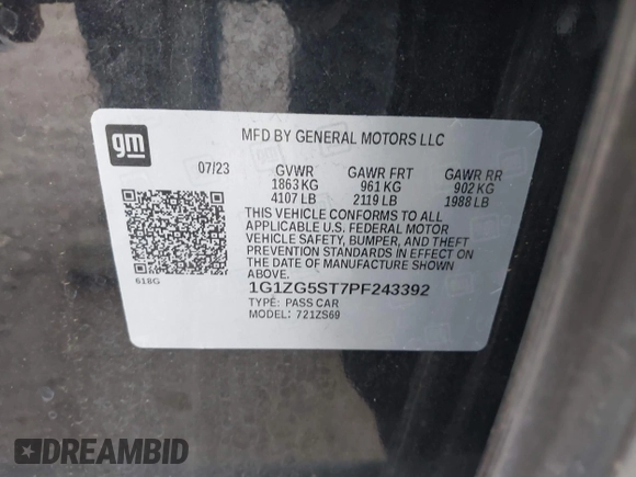 2023 Chevrolet Malibu RS with VIN 1G1ZG5ST7PF243392, listed as a IAAI auction lot 41832624 with 32,049 mi miles and . Bid and sale history available at DreamBid. Image 9.