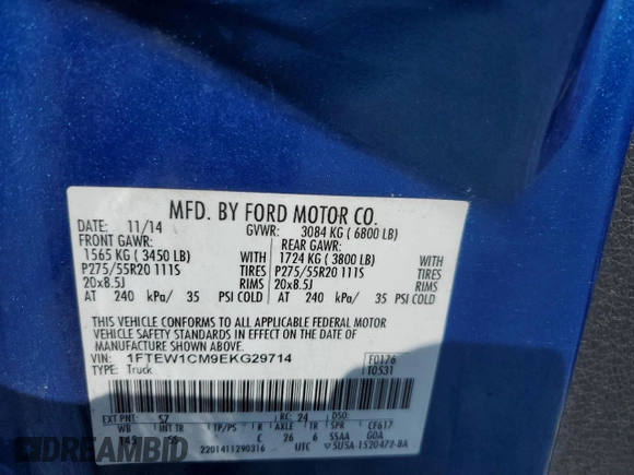 2014 Ford F-150 XL with VIN 1FTEW1CM9EKG29714, listed as a Copart auction lot 53316465 with 216,443 mi miles and Salvage Title. Bid and sale history available at carsss.com. Image 14.