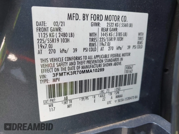 2021 Ford Mustang Mach-E Premium with VIN 3FMTK3R70MMA10289, listed as a IAAI auction lot 41940232 with 65,388 mi miles and . Bid and sale history available at DreamBid. Image 9.