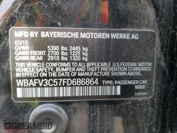 2015 BMW 5 Series 535d xDrive with VIN WBAFV3C57FD686864, listed as a Copart auction lot 79525354 with Not provided miles and Clean title. Bid and sale history available at DreamBid. Image 13.