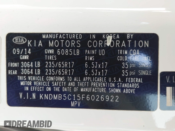 2015 Kia Sedona LX with VIN KNDMB5C15F6026922, listed as a IAAI auction lot 41563861 with 133,733 mi miles. Bid and sale history available at carsss.com. Image 9.