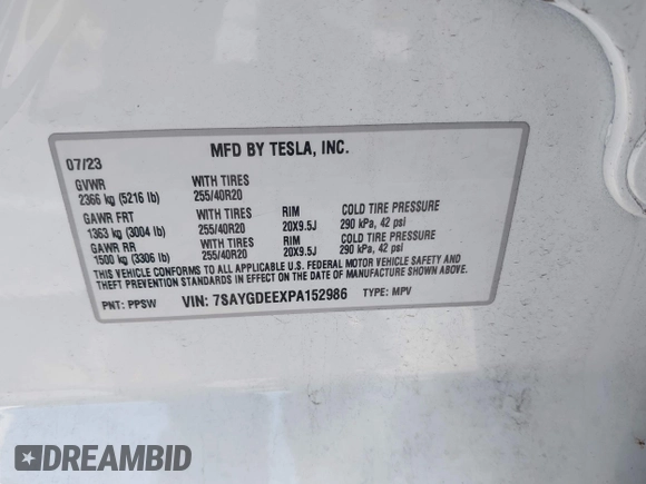 2023 Tesla Model Y Long Range with VIN 7SAYGDEEXPA152986, listed as a IAAI auction lot 41946665 with 13,574 mi miles and . Bid and sale history available at carsss.com. Image 9.