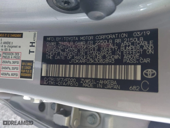2019 Toyota Prius L Eco with VIN JTDKARFU3K3082893, listed as a IAAI auction lot 41370727 with 217,582 mi miles. Bid and sale history available at carsss.com. Image 9.