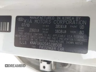 2010 Kia Forte EX with VIN KNAFU4A20A5298508, listed as a IAAI auction lot 42055396 with 250,843 mi miles. Bid and sale history available at carsss.com. Image 9.