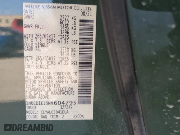 2022 Nissan Frontier Pro-X with VIN 1N6ED1EJ3NN604795, listed as a Copart auction lot 88792115 with 62,856 mi miles and Salvage title. Bid and sale history available at DreamBid. Image 14.