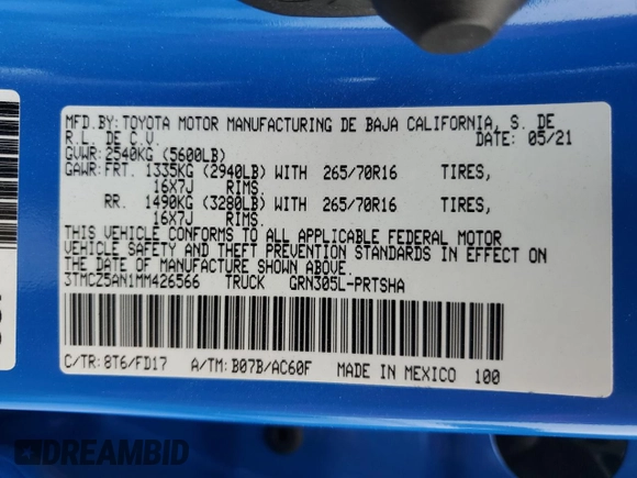 2021 Toyota Tacoma SR with VIN 3TMCZ5AN1MM426566, listed as a Copart auction lot 59613315 with 28,903 mi miles and Salvage title. Bid and sale history available at DreamBid. Image 13.