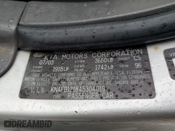 2004 Kia Spectra z VIN KNAFB121845304019, wystawiony jako Copart lot #86731644 z przebiegiem 150 252 mil mil oraz Szkoda całkowita • Salvage title. Historia ofert i sprzedaży dostępna na DreamBid. Obrazek 12.