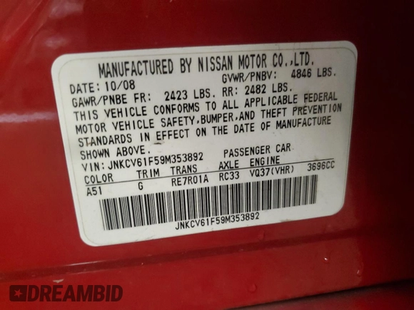 2009 Infiniti G37 x with VIN JNKCV61F59M353892, listed as a Copart auction lot 50040885 with Not Provided miles and Clean Title. Bid and sale history available at DreamBid. Image 12.