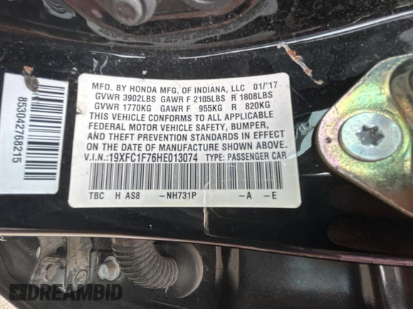 2017 Honda Civic EX-L с VIN 19XFC1F76HE013074, выставлен на аукционе Copart как лот 60144655 с пробегом 121 493 миль миль и Чистый • Clean title. История ставок и продаж доступна на DreamBid. Изображение 10.