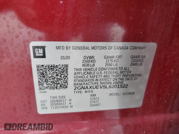 2020 Chevrolet Equinox LT with VIN 2GNAXUEV5L6201522, listed as a Copart auction lot 53795165 with 100,318 mi miles and Salvage Title. Bid and sale history available at DreamBid. Image 13.