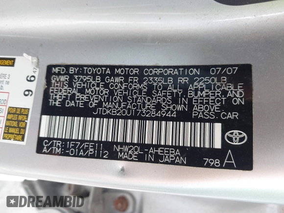 2007 Toyota Prius z VIN JTDKB20U173284944, wystawiony jako IAAI lot #42343170 z przebiegiem 172 776 mil mil oraz . Historia ofert i sprzedaży dostępna na DreamBid. Obrazek 9.