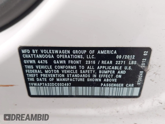 2013 Volkswagen Passat S with VIN 1VWAP7A32DC032497, listed as a IAAI auction lot 41928869 with 215,220 mi miles and . Bid and sale history available at DreamBid. Image 9.