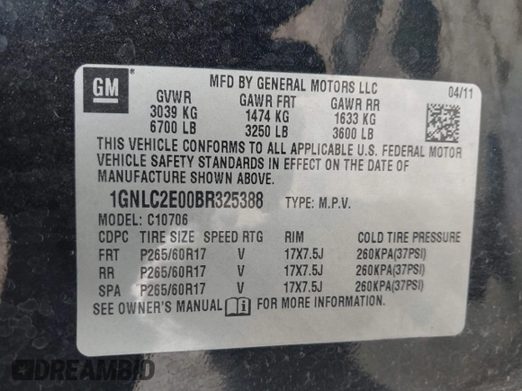 2011 Chevrolet Tahoe Commercial with VIN 1GNLC2E00BR325388, listed as a IAAI auction lot 41472731 with 265,781 mi miles and . Bid and sale history available at DreamBid. Image 9.
