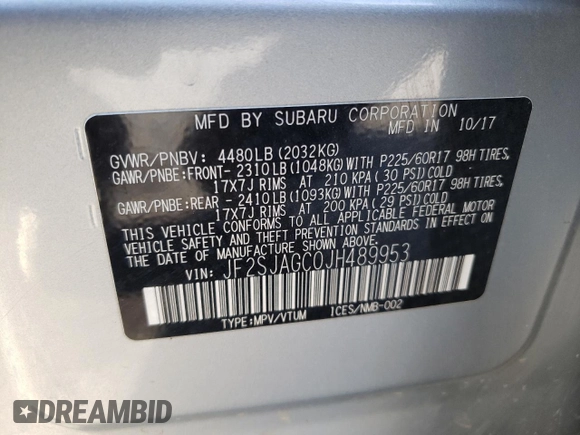 2018 Subaru Forester Premium with VIN JF2SJAGC0JH489953, listed as a Copart auction lot 68532102 with 73,350 mi miles and . Bid and sale history available at DreamBid. Image 15.