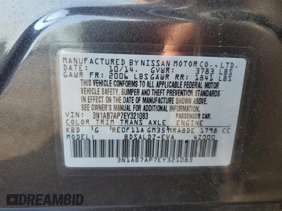2014 Nissan Sentra SV with VIN 3N1AB7AP7EY321083, listed as a Copart auction lot 60710205 with 75,087 mi miles and Salvage title. Bid and sale history available at DreamBid. Image 12.