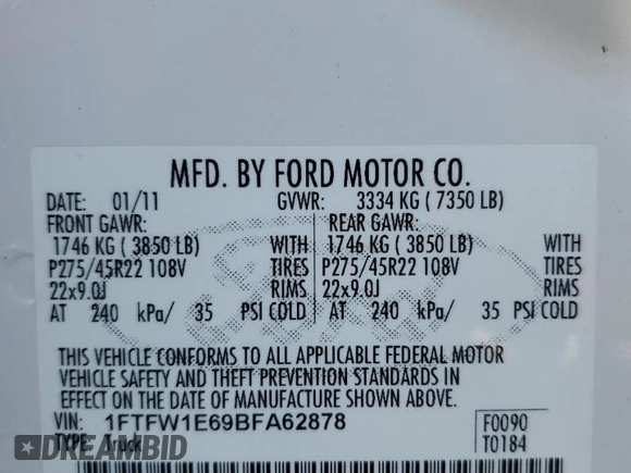 2011 Ford F-150 Lariat with VIN 1FTFW1E69BFA62878, listed as a Copart auction lot 75268164 with 168,779 mi miles and Salvage Title. Bid and sale history available at carsss.com. Image 14.