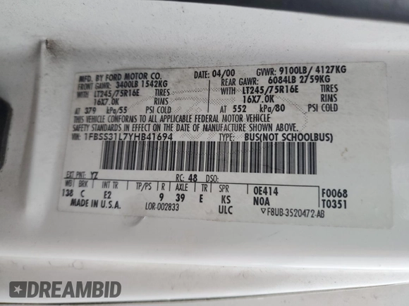 2000 Ford Econoline Passenger XL with VIN 1FBSS31L7YHB41694, listed as a Copart auction lot 43387385 with 108,458 mi miles and Salvage Title. Bid and sale history available at DreamBid. Image 13.