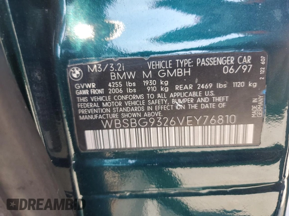 1997 BMW 3 Series M3 with VIN WBSBG9326VEY76810, listed as a Copart auction lot 72160064 with Not provided miles and Salvage title. Bid and sale history available at DreamBid. Image 14.