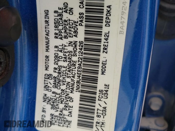 2010 Toyota Corolla with VIN 1NXBU4EE9AZ212426, listed as a Copart auction lot 58755625 with Not provided miles and Clean title. Bid and sale history available at DreamBid. Image 12.