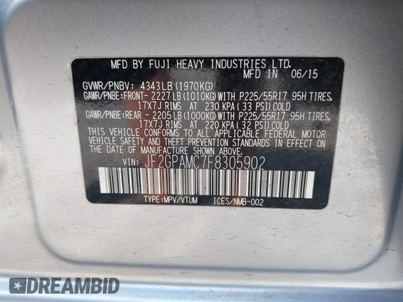 2015 Subaru Crosstrek Limited with VIN JF2GPAMC7F8305902, listed as a IAAI auction lot 42574166 with 80,520 mi miles and . Bid and sale history available at DreamBid. Image 9.
