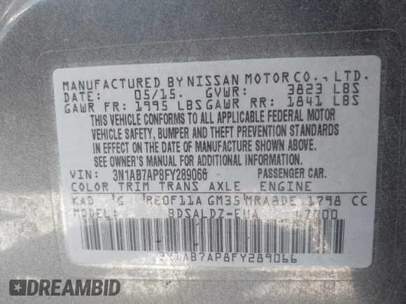 2015 Nissan Sentra SR with VIN 3N1AB7AP8FY289066, listed as a IAAI auction lot 41863681 with 206,726 mi miles and . Bid and sale history available at DreamBid. Image 9.