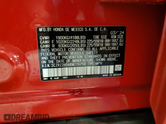 2024 Honda HR-V Sport with VIN 3CZRZ2H56RM776758, listed as a Copart auction lot 48358795 with 9,675 mi miles and Salvage Title. Bid and sale history available at carsss.com. Image 14.