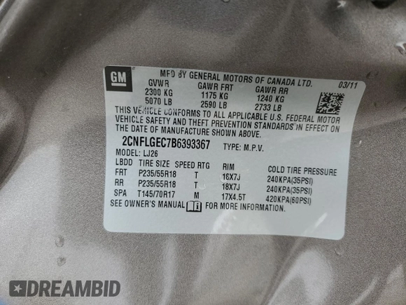 2011 Chevrolet Equinox LTZ with VIN 2CNFLGEC7B6393367, listed as a Copart auction lot 51326165 with 68,659 mi miles and Salvage Title. Bid and sale history available at DreamBid. Image 13.