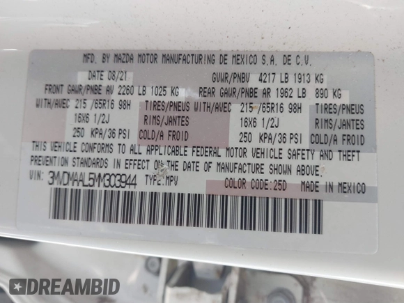 2021 Mazda CX-30 S with VIN 3MVDMAAL5MM303944, listed as a IAAI auction lot 41687532 with 35,379 mi miles and . Bid and sale history available at DreamBid. Image 9.