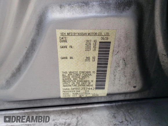 2016 Nissan Altima SR with VIN 1N4AL3AP0GC257442, listed as a Copart auction lot 54542295 with 165,903 mi miles and Salvage Title. Bid and sale history available at carsss.com. Image 12.