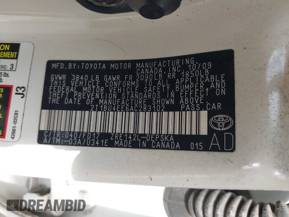 2010 Toyota Corolla with VIN 2T1BU4EE6AC283102, listed as a IAAI auction lot 41935949 with 157,330 mi miles. Bid and sale history available at carsss.com. Image 9.