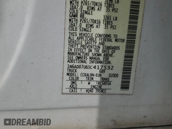 2005 Nissan Frontier LE with VIN 1N6AD07U65C417532, listed as a Copart auction lot 61588315 with 197,514 mi miles and Salvage title. Bid and sale history available at DreamBid. Image 12.