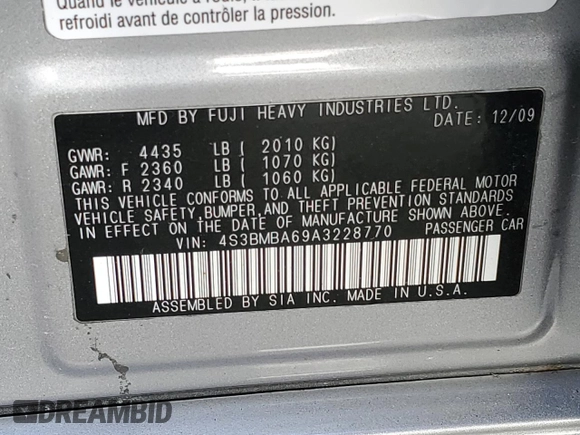 2010 Subaru Legacy with VIN 4S3BMBA69A3228770, listed as a Copart auction lot 52539335 with 116,587 mi miles and Non repairable. Bid and sale history available at DreamBid. Image 12.
